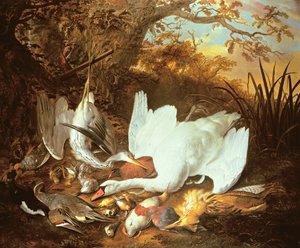 Naturaleza Muerta de Cisne y Caza en un Paisaje